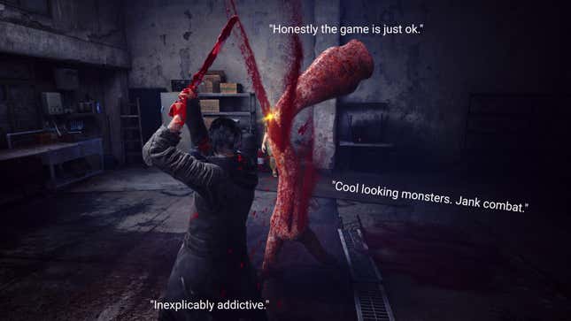 Slitterhead's protagonist attacks a monster while Steam user comments revolve around them.